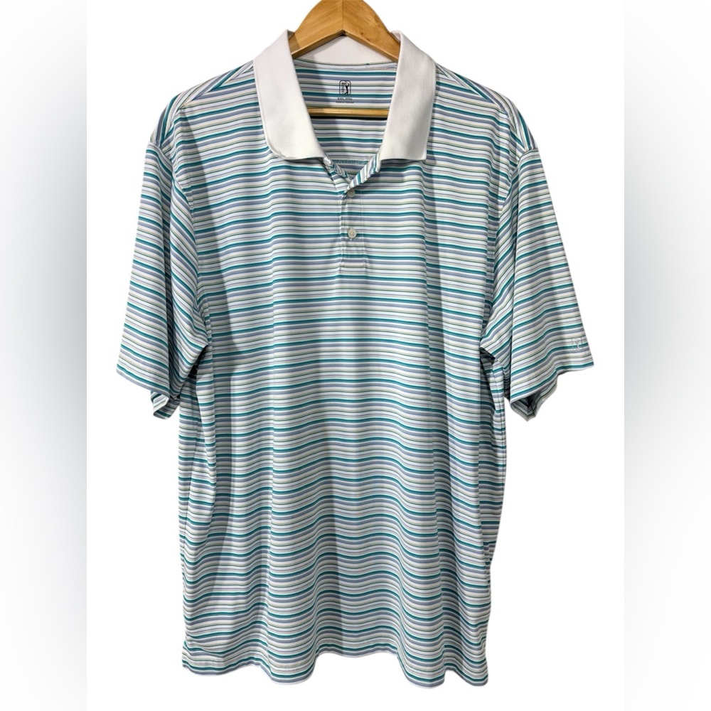 PGA Tour Men's Blue Gold Striped Short Sleeve Collared Golf Polo Shirt Size XXL